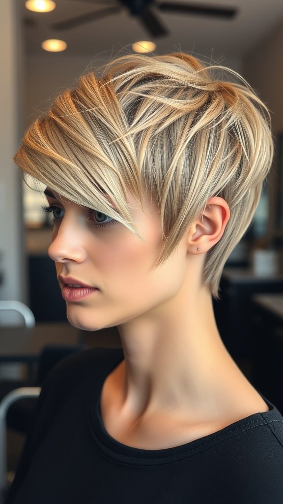 A woman with a honey blonde choppy pixie haircut, showcasing textured layers and a stylish look.