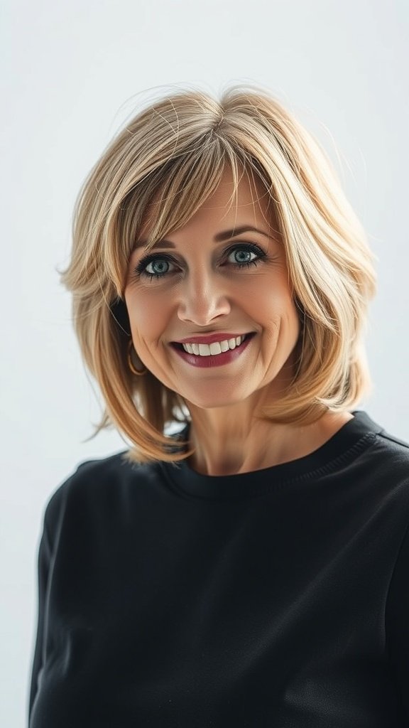 A woman with a layered bob hairstyle and side-swept bangs, smiling confidently.