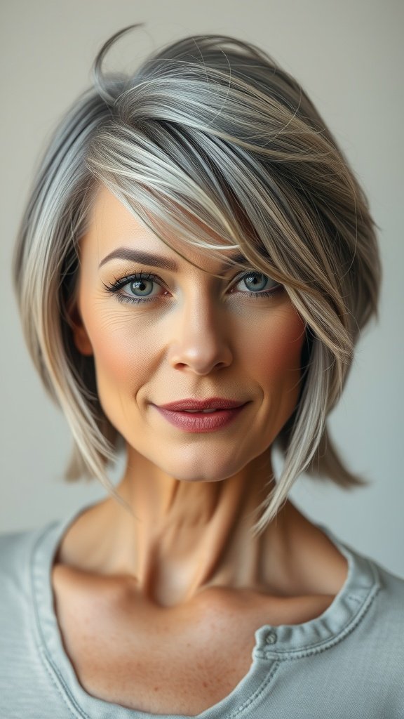 A woman with a layered gray lob hairstyle and wispy bangs, showcasing a stylish and youthful look.