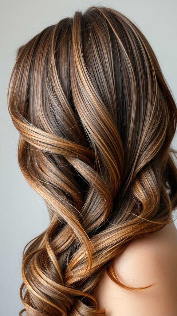 A close-up of layered walnut brown hair with golden highlights styled in soft waves.