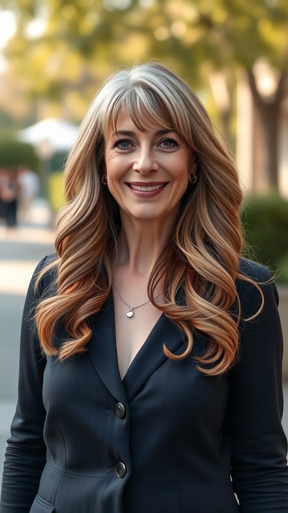 A woman with layered waves and side fringe, smiling confidently outdoors.