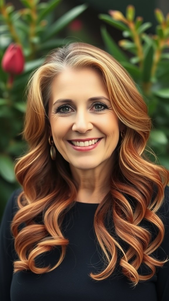 A woman with long auburn waves and blonde highlights, smiling in front of green foliage.