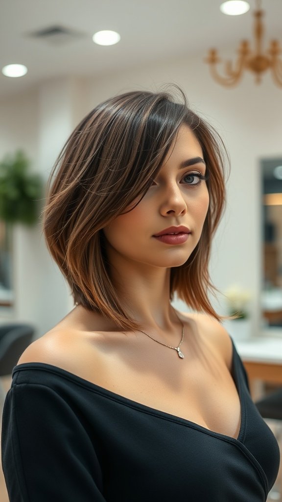 A woman with long layered hair and side-swept bangs, showcasing a flattering hairstyle for square faces.