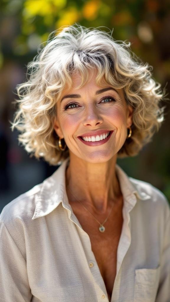 A smiling woman with medium curly hair and sun-kissed highlights, wearing a light-colored shirt.