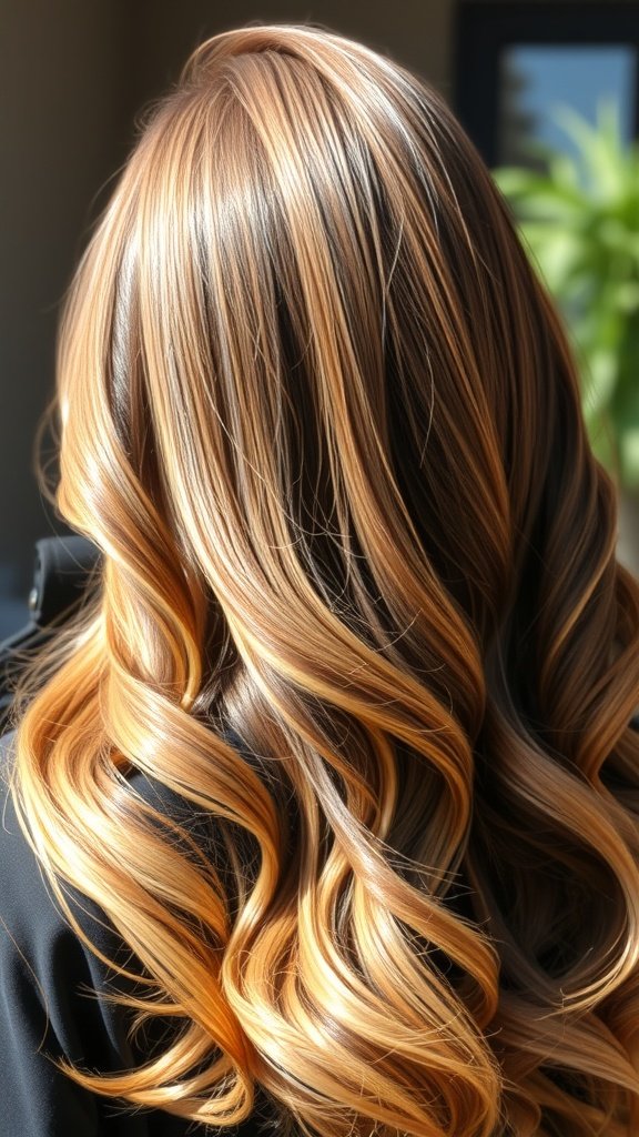 A beautiful hairstyle showcasing a mocha to honey gold color transition with soft waves.