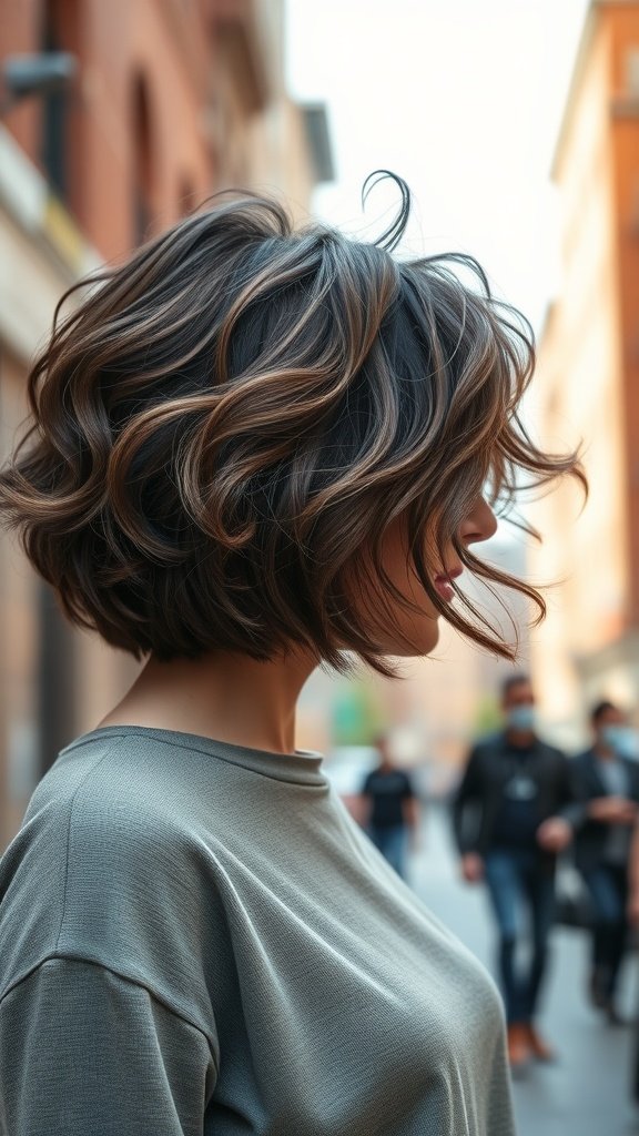 A woman with a modern bob hairstyle featuring permed messy curls, showcasing warm highlights and a stylish look.