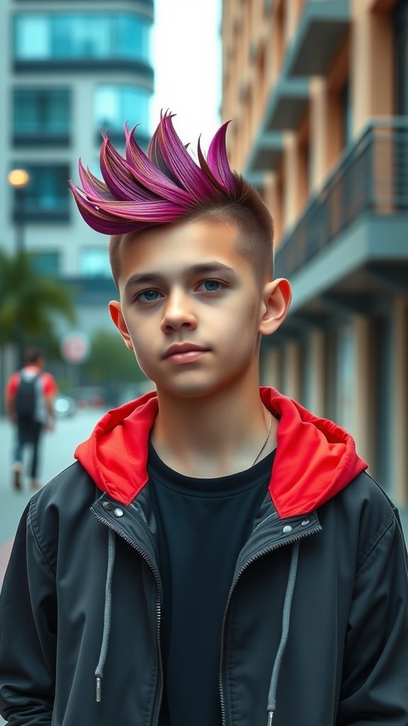 Teenage boy with a vibrant pink Mohawk hairstyle and casual outfit.