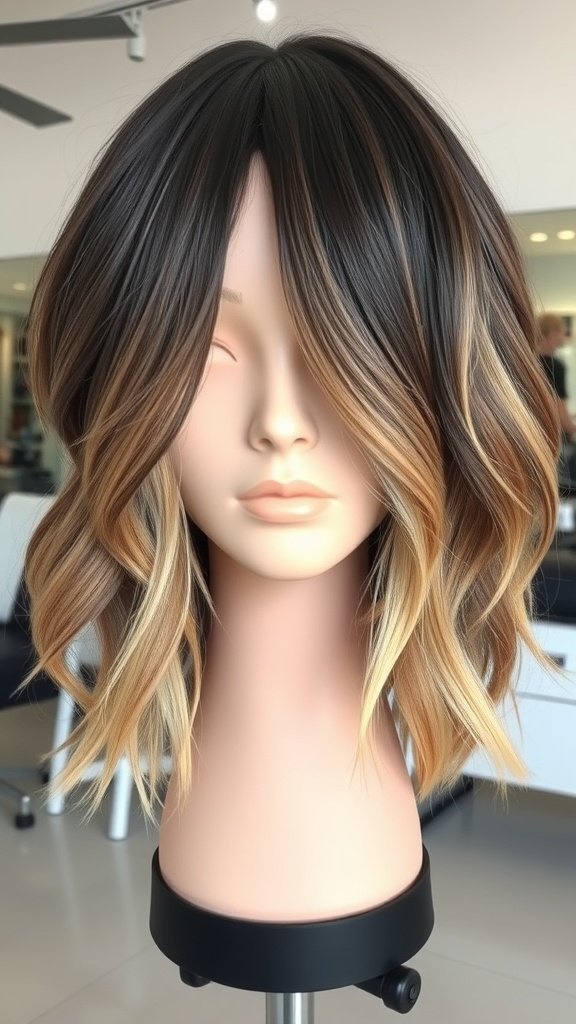 Ombre-layered lob hairstyle displayed on a mannequin