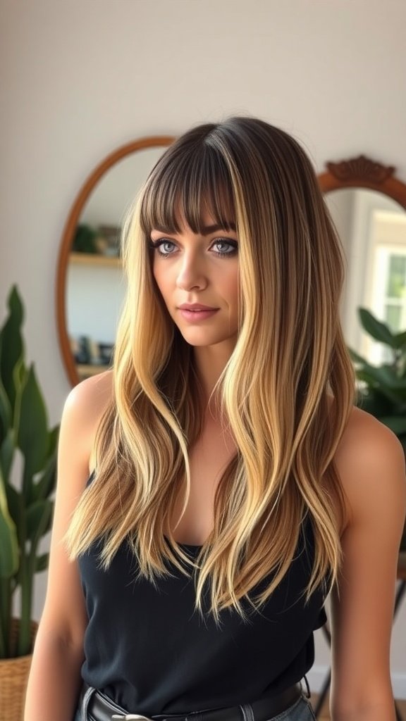 A woman with ombre curtain bangs transitioning from brunette to blonde, showcasing a stylish and fresh hairstyle.