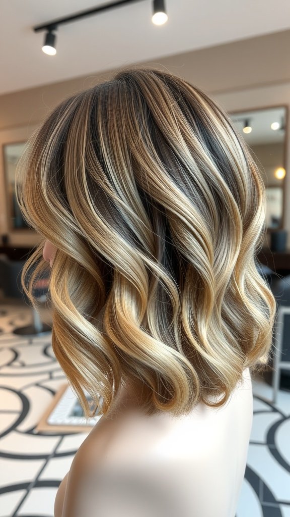 Ombre wavy stacked bob hairstyle showcasing soft waves and a gradient color effect.