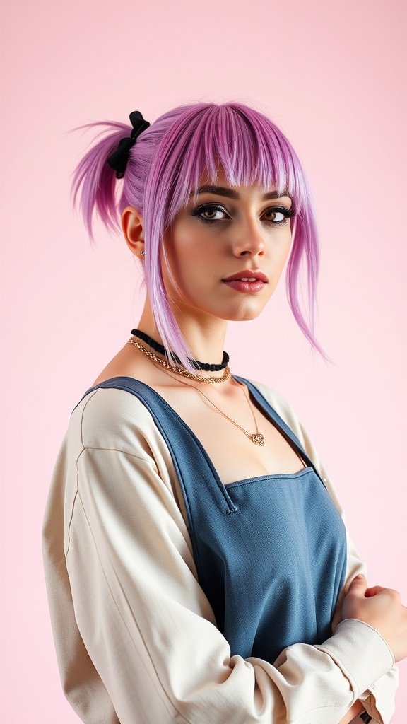 Model with pink hair and lavender highlights, wearing a blue outfit against a pink background