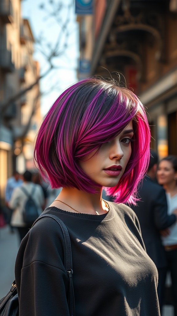 A woman with a playful bob hairstyle featuring chunky asymmetrical pieces and vibrant pink highlights, set against a bustling urban backdrop.