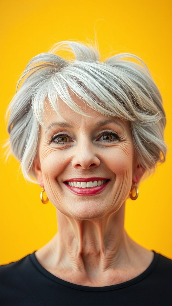 A woman over 60 with a playful short-stacked bob hairstyle, smiling against a bright yellow background.