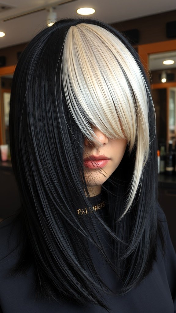 A person with raven black hair featuring a platinum blonde money piece, showcasing a bold hairstyle.