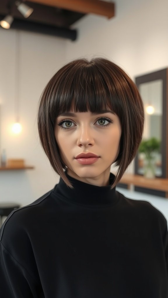 A woman with a razor-cut blunt bob hairstyle featuring face-framing layers, looking stylish in a black outfit.