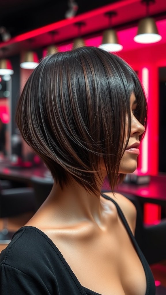 A woman with a razor-edged asymmetrical lob haircut, showcasing sleek and shiny hair with subtle highlights.
