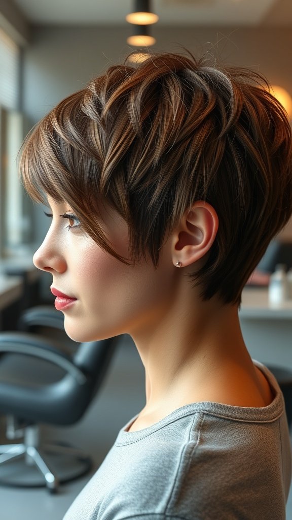 A woman with a razor cut pixie hairstyle featuring choppy layers, showcasing texture and shape.