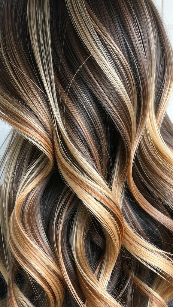 Rich espresso hair with ashy blonde balayage, showcasing beautiful waves and highlights.