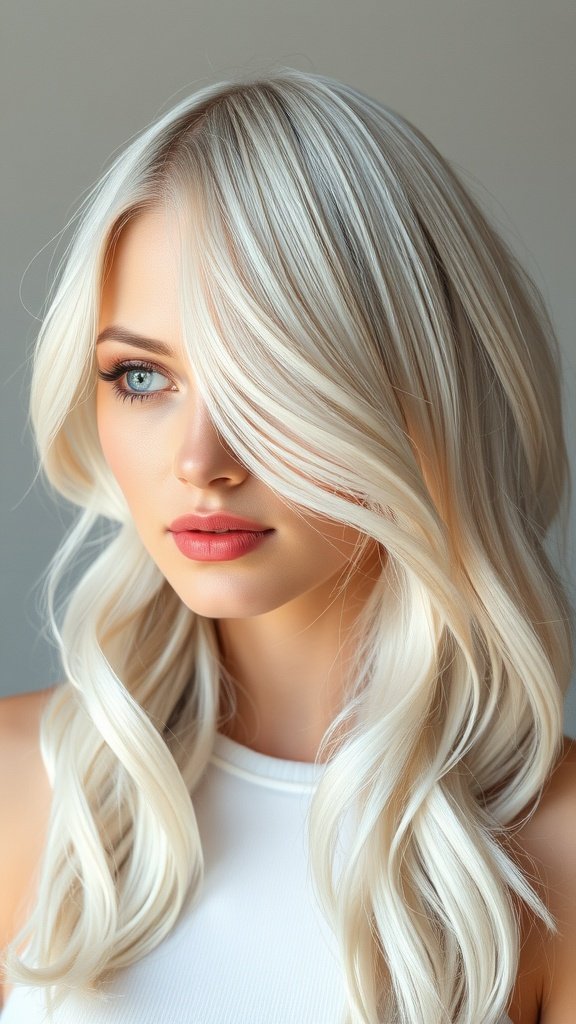 A woman with platinum blonde hair styled in soft S-waves, featuring darker roots.