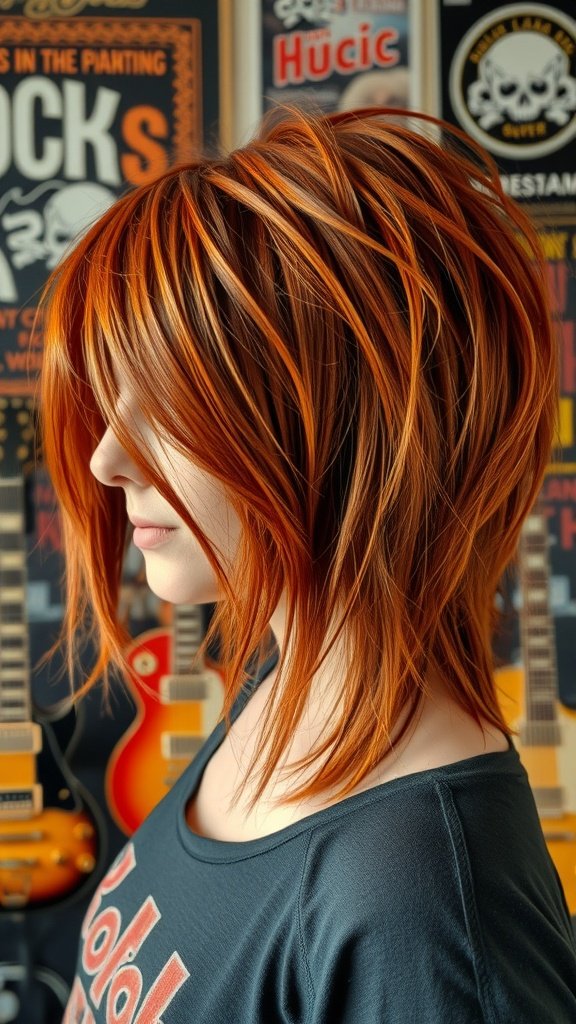 A woman with a rustic auburn shag haircut featuring feathered ends, set against a backdrop of guitars.