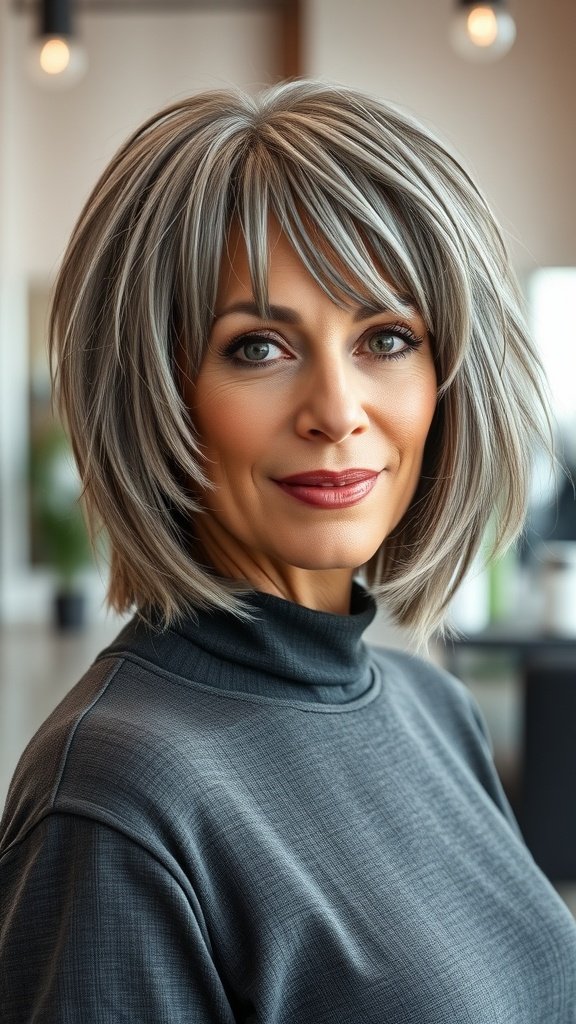 A woman with a shaggy bob hairstyle featuring layered bangs, showcasing a stylish gray look.