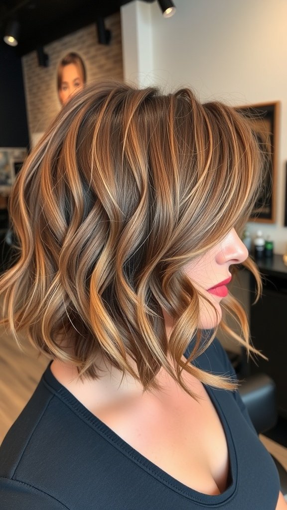 A woman with a shaggy lob haircut featuring soft curls and wispy bangs, showcasing a stylish and modern look.