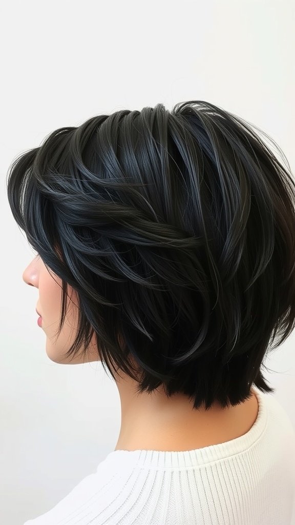 A woman with a short feathered hush cut on dark hair, showcasing layers and texture.