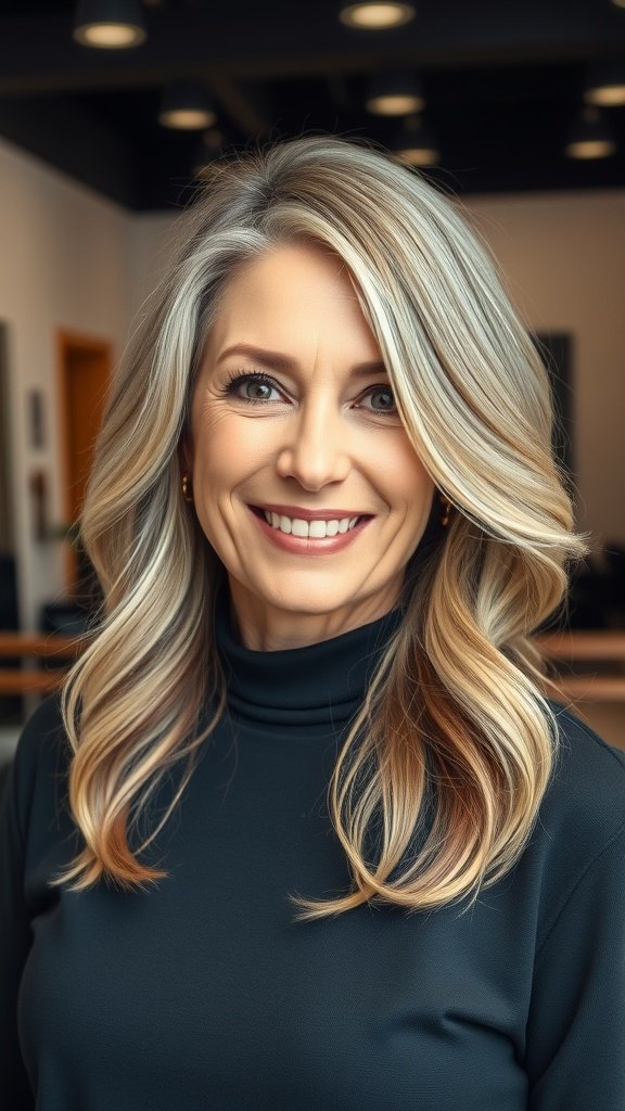 A woman with shoulder-length hair styled with textured ends, smiling confidently.