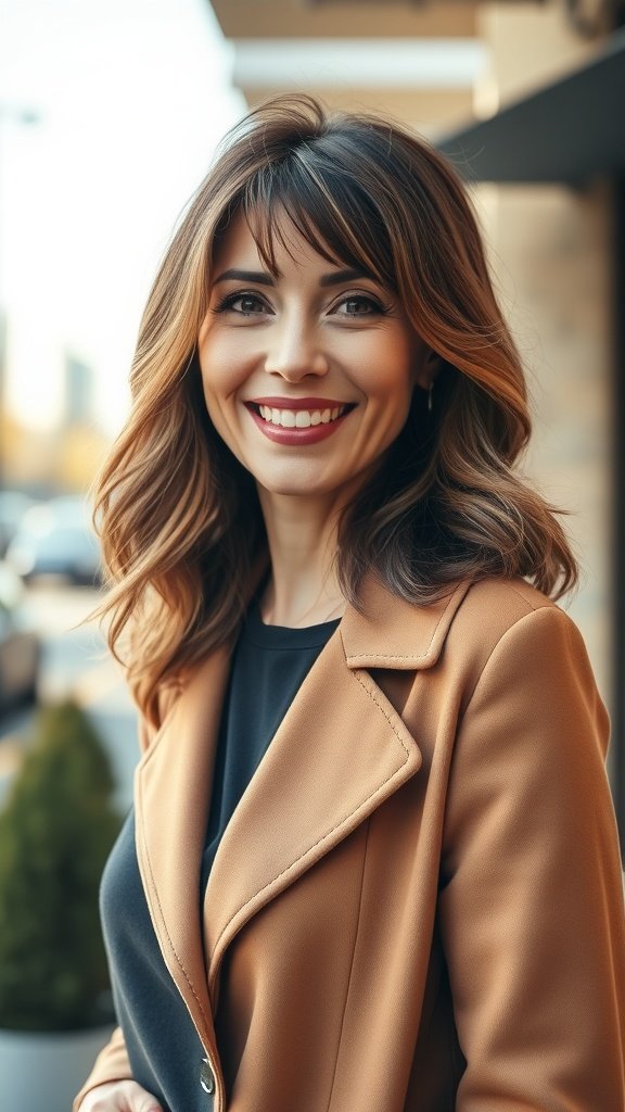 A woman with shoulder-length wavy hair and side-swept bangs, smiling outdoors.
