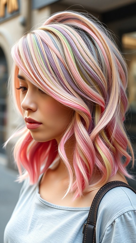 A woman with a pastel-colored shullet hairstyle, featuring pink, purple, and yellow highlights.