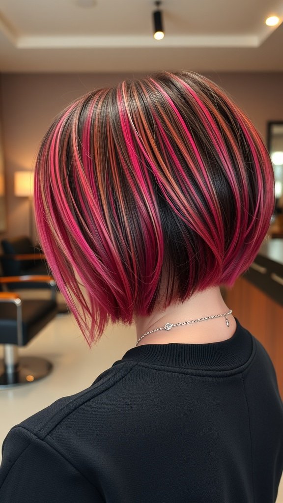 A sleek A-line bob hairstyle with choppy undercut and vibrant pink highlights.