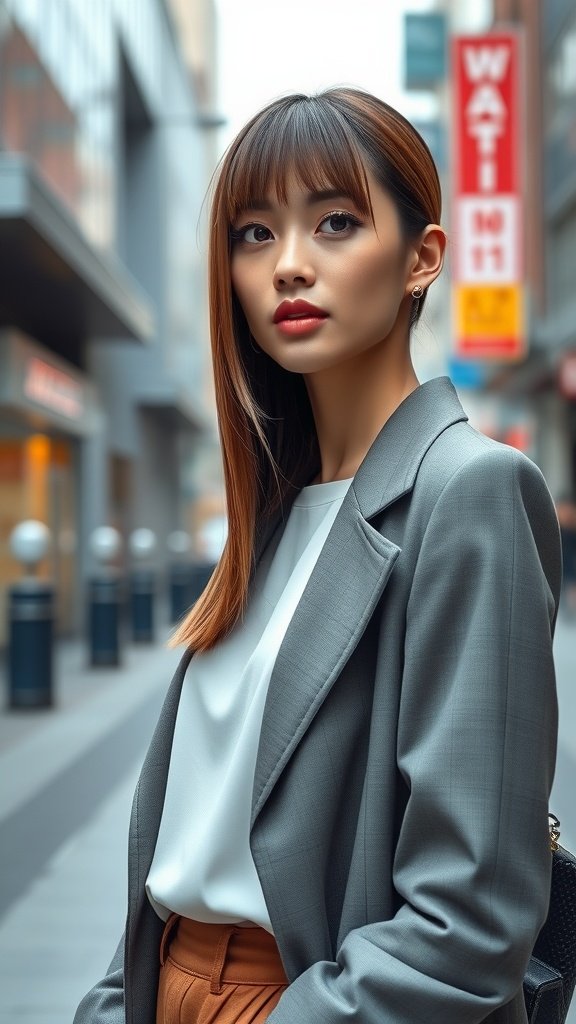 A model with a sleek A-line haircut, wearing a stylish outfit in an urban setting.