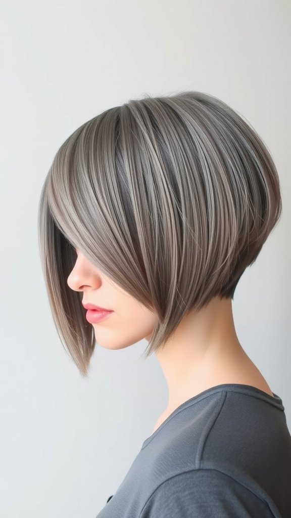 A sleek bob hairstyle with a deep side part, showcasing beautiful gray hair.