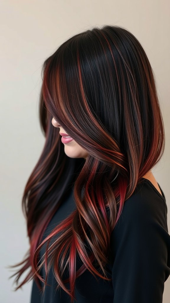A woman with long, dark hair featuring a smoked maroon ombre hairstyle, showcasing a blend of deep black roots and vibrant maroon tips.