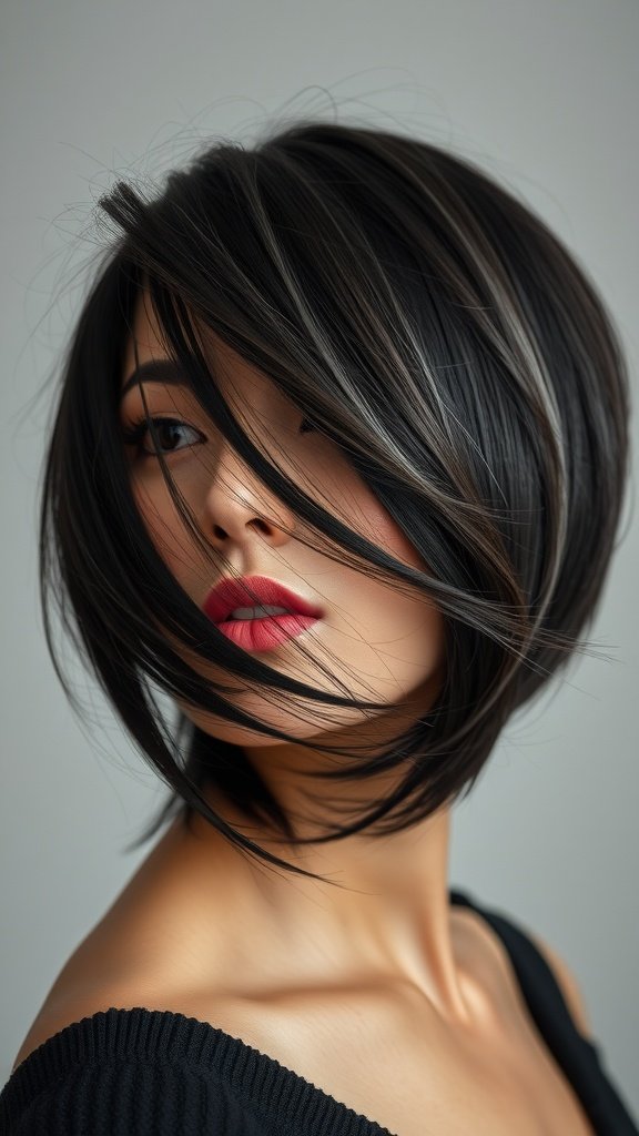 A woman with jet-black hair featuring smokey grey highlights, styled in a sleek bob.