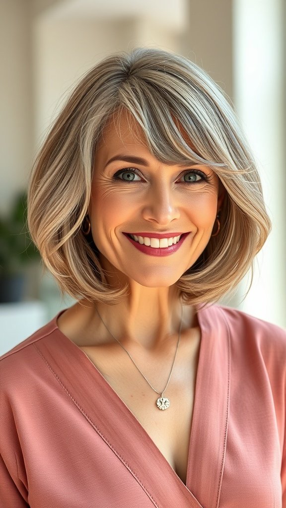 A woman with a soft layered midi hairstyle and curtain bangs, smiling and wearing a pink top.