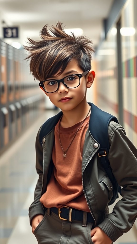 A young boy with a spiky fringe haircut, wearing glasses and a stylish outfit, standing in a school hallway.