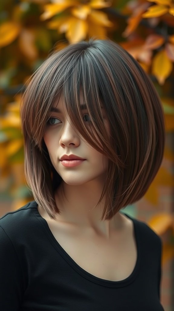 A woman with a layered A-line bob haircut, surrounded by autumn leaves.