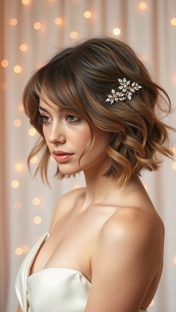 A woman with a subtle tousled bob hairstyle, adorned with a decorative hair accessory, against a backdrop of soft lights.