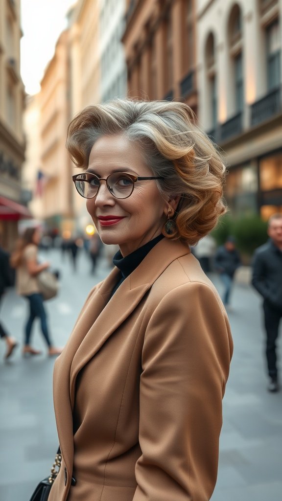 A stylish older woman with a tapered-back wedge hairstyle and soft curls, wearing a chic outfit in a city setting.
