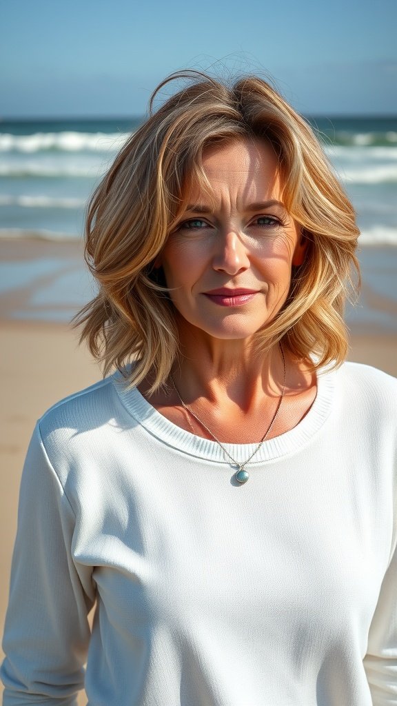 A woman with a textured lob hairstyle and beachy waves, standing on the beach.