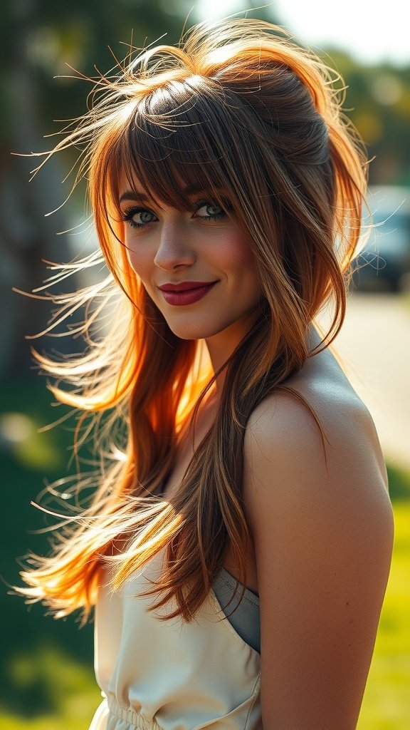 A woman with long, tousled layered hair styled in a dramatic center part, smiling outdoors.