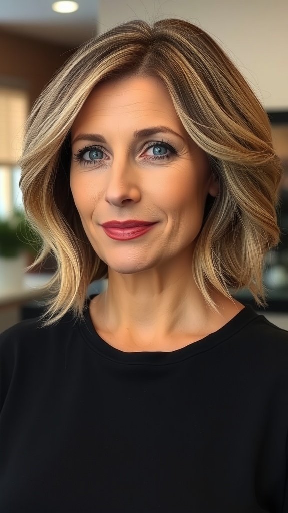 A woman with an undercut bob hairstyle featuring feathered layers, showcasing a chic and modern look.