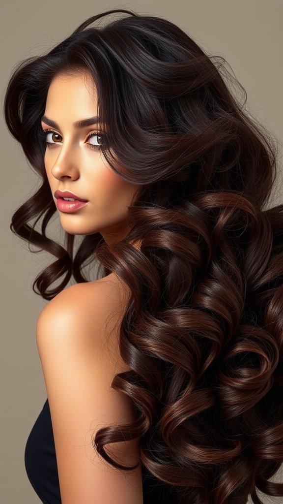 A woman with voluminous chocolate brown curls, showcasing a glamorous hairstyle.