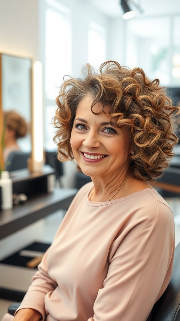 A woman with voluminous curly lob hairstyle, smiling in a salon setting.