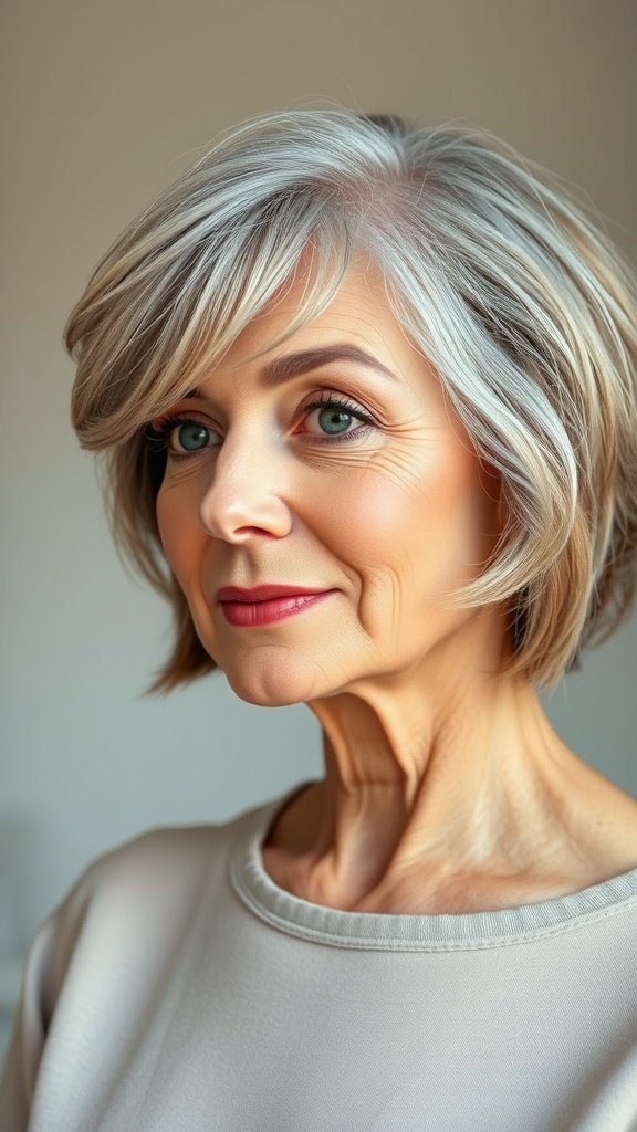A woman with a wavy bob and side-swept bangs, showcasing a stylish and flattering haircut.