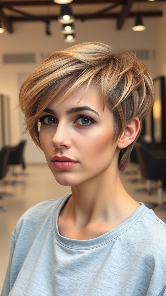 A woman with a wavy pixie hairstyle and side-swept bangs, looking stylish in a salon.