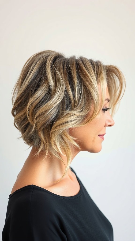 A woman with a wavy shoulder-length hairstyle, showcasing volume and movement.