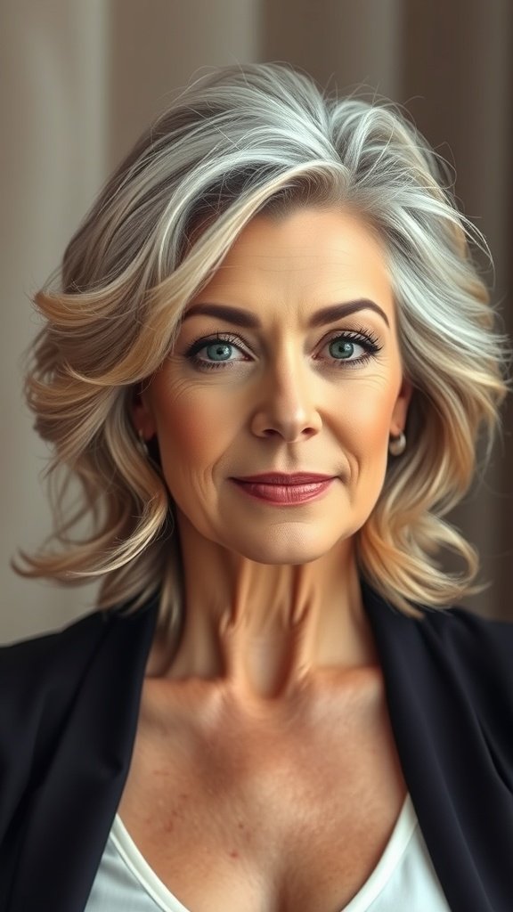 A woman with wavy shoulder-length hair, showcasing a stylish cut for women over 60.