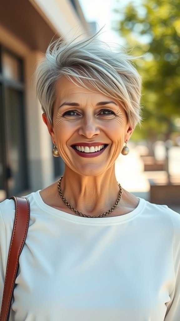 A woman with a windswept pixie hairstyle and side bangs, smiling outdoors.